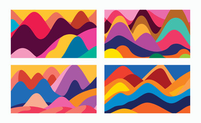Fototapeta premium Multicolored mountain landscape set, abstract geometric shapes with modern nature background, trendy minimalist scene for posters and prints, vector illustration