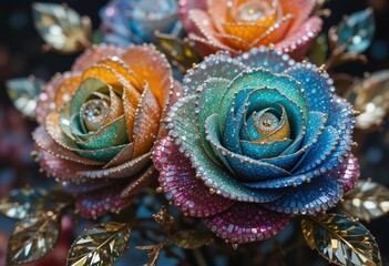 Obraz premium The beautiful array of colorful roses sparkles with decorative glitter embellishments making a stunning bouquet of floral art for a bright and cheerful event.