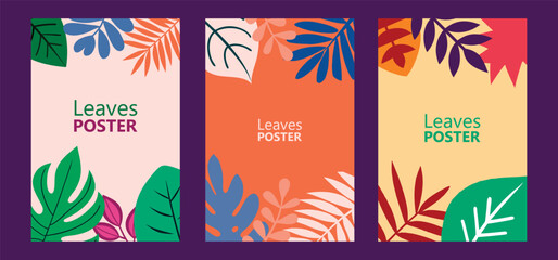 Flat tropical leaves poster set, colorful abstract botanical background design for summer flyer, decorative wall art, nature illustration for printable poster templates, vector graphic