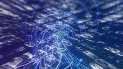 Swirling neon lines forming vortex in blue data field, floating alphanumeric codes and magenta dots