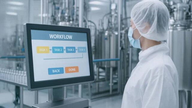 Worker in protective clothing operates touchscreen workflow system in vaccine production facility ensuring efficient and safe process control