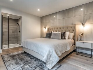 Cozy bedroom with cushioned headboard, pillows, coverlet, rug, and shower cubicle