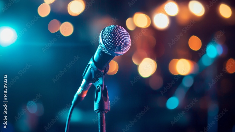Poster microphone on stage with colorful lights and bokeh background in music concert performance setup
