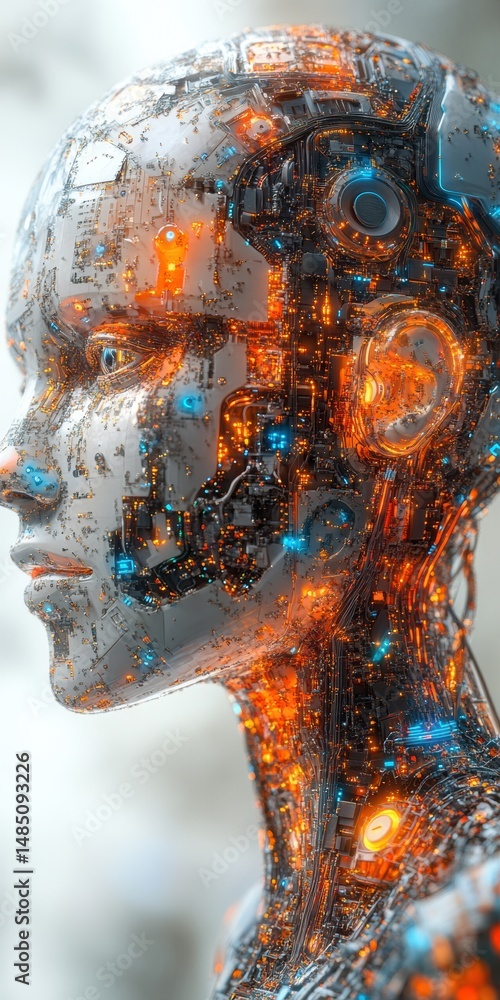 Aufkleber robotic head with visible internal circuitry on a light background