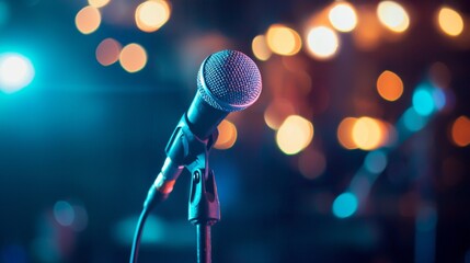 Obraz premium Microphone on stage with colorful lights and bokeh background in music concert performance setup