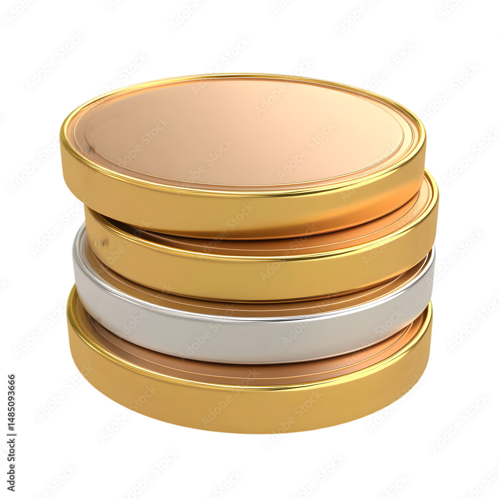 Poster three-dimensional rendering of several golden and silver lids, stacked together. the view is from ab