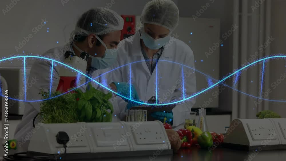 Poster two scientists examining fresh produce in food science lab, integrating animated chart icons
