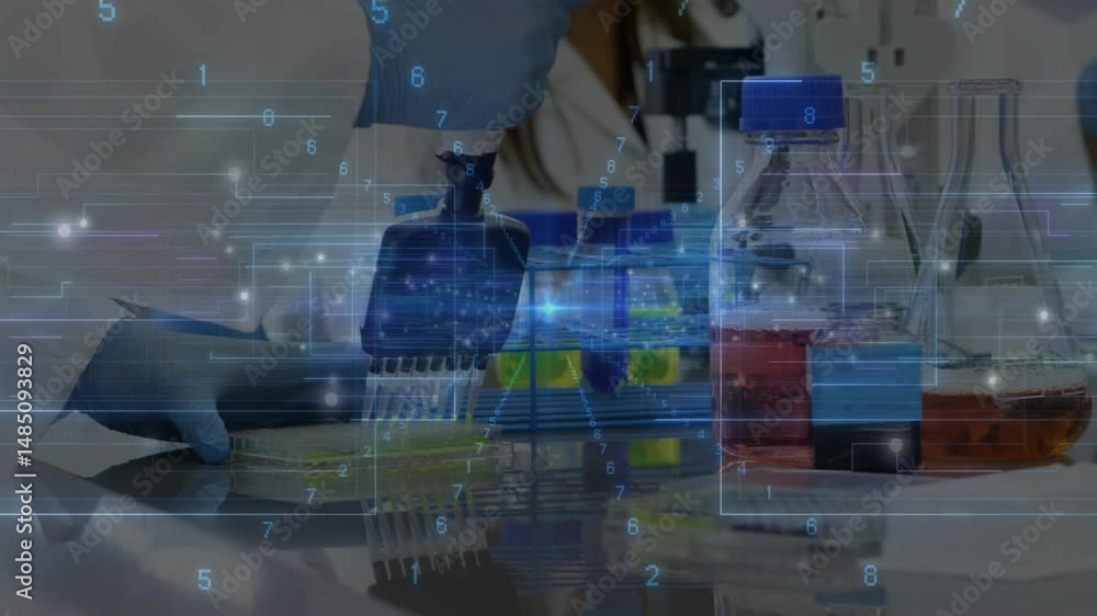 Poster lab scientist using multi-channel pipette dispensing liquid into multiwell plate, with data overlay