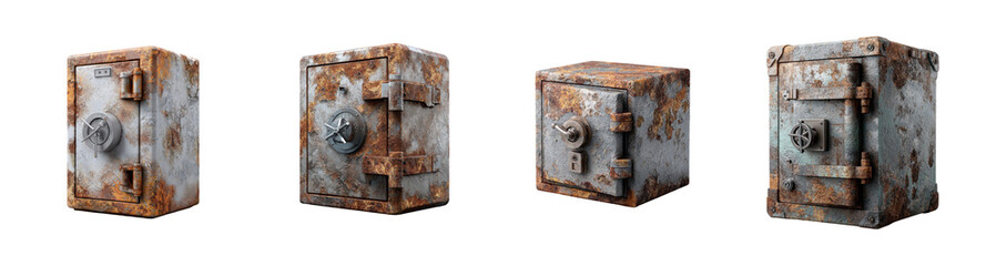 Four rusty old metal safes isolated transparent background perfect for security concepts