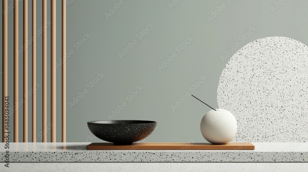 Aufkleber minimal abstract space with stone and black bowl on table with soft light geometry design scene
