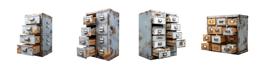 Vintage Metal Filing Cabinet with Open Drawers Showing Aged Papers and Rust Multiple Views Available