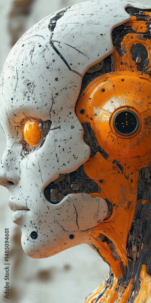 Aufkleber cyborg face profile with visible internal components and weathered external shell