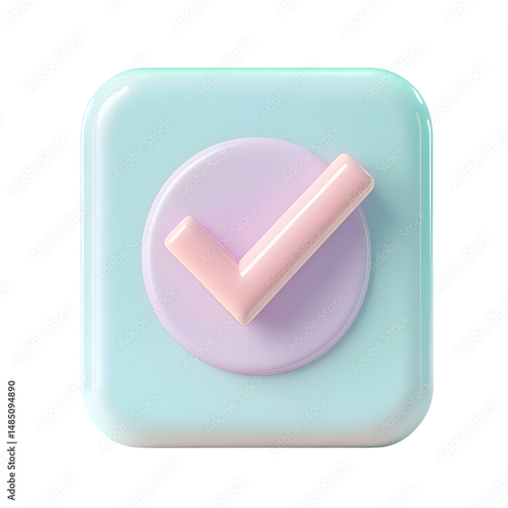 Poster 3d rendered square button with a light purple circle and a pink checkmark icon. pastel colors create
