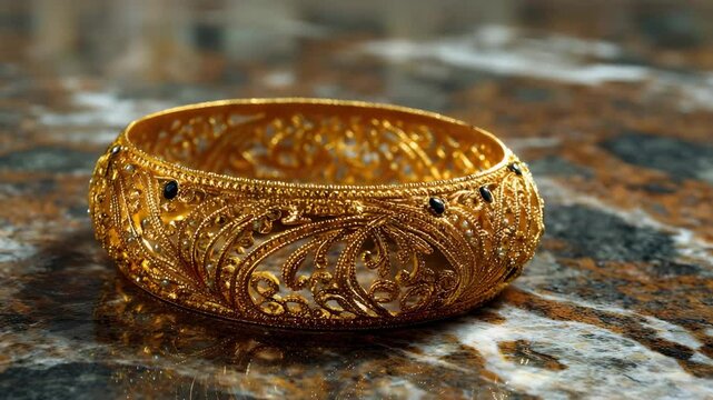 Elegant gold with intricate design and matching gold bangle on soft velvet background