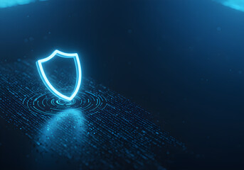 A glowing blue shield symbolizing digital security, set against a futuristic data stream background.