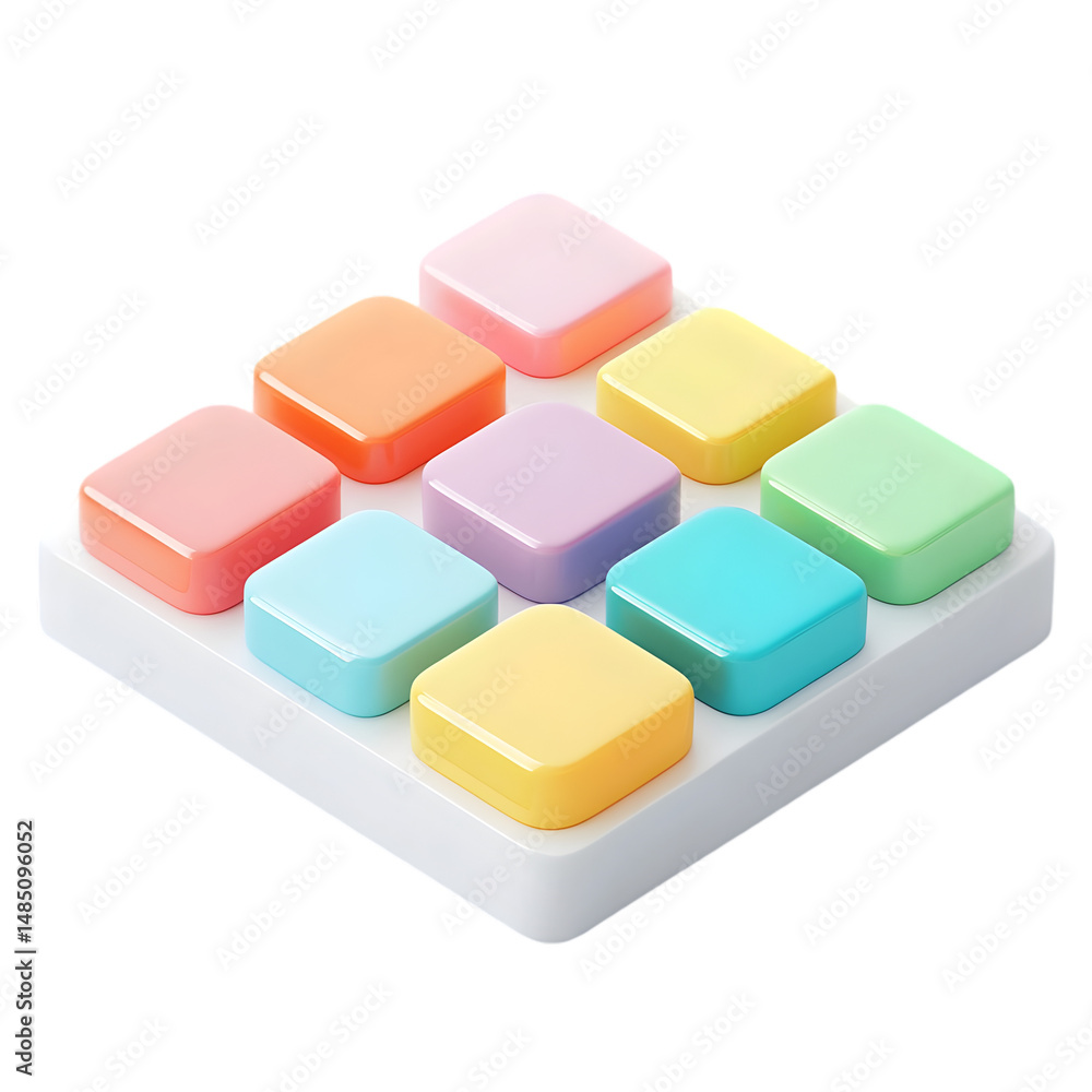 Poster close-up view of a grid of pastel-colored square buttons, set on a white base. the design is bright 