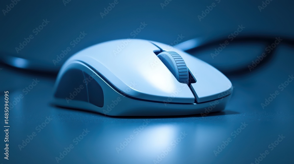 Poster a close-up shot of a white computer mouse on a blue surface, illuminated with soft lighting.