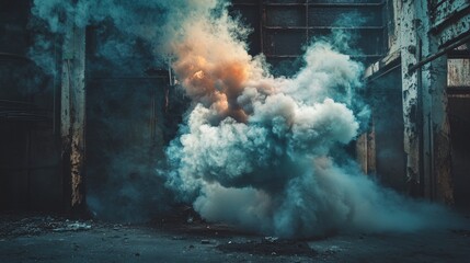 Colorful smoke explosion in dark industrial setting for dramatic visual effect urban photography fantasy atmosphere concept