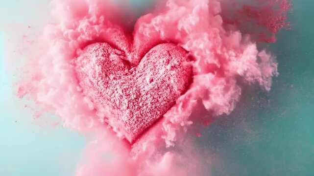 Pink heart-shaped powder explosion on blue background capturing dynamic movement. The 14th of February. Happy Valentine's Day