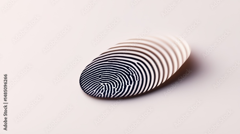Poster a smooth, oval object with black and white fingerprint-like stripes, casting a soft shadow on a ligh