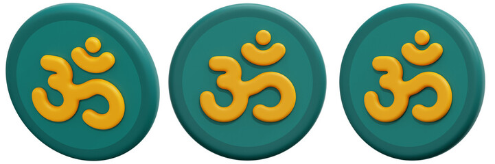 Set of Teal and Gold Om Symbols on Circular Background 3d Render Icon Illustration