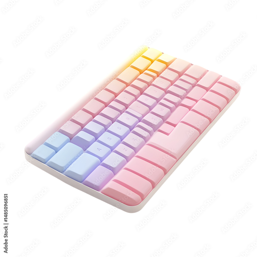 Poster Close-up view of a stylish keyboard with pastel-colored keys that have a gradient effect. The keyboard's base is white.