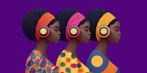 Fototapeta premium Three stylish women wearing colorful headbands and headphones embodying a vibrant and expressive cultural identity with captivating patterns against a rich purple backdrop emphasizing creativity