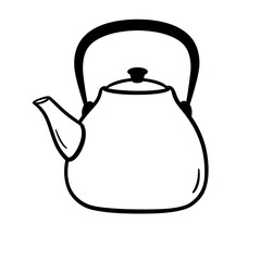 Obraz premium A minimalist black and white line drawing of a classic teapot or kettle, featuring a spout, lid, and large handle. Ideal for icons, coloring, or simple kitchen graphics.