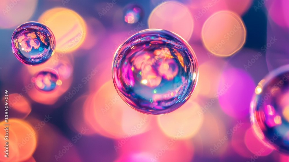 Poster floating soap bubbles with colorful reflections in dreamy bokeh fantasy abstract light photography s