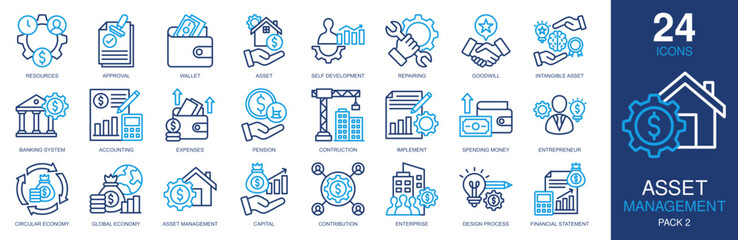 Asset Management Icons set vector illustration. Containing resources, wallet, intangible asset, banking system, financial statemenet and more. Simple outline color icons collection.