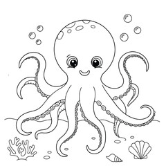 Cute Smiling Cartoon Octopus Illustration for Kids Coloring Pages

