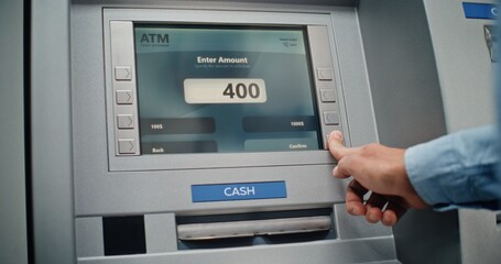Cash Machine: Unrecognizable Man Entering PIN Code on Keypad, Choosing Withdrawal Money Operation, Entering Amount and Taking US Dollars from ATM Machine. Banking System and Transactions. Close Up.