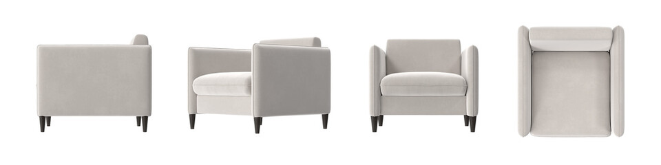 cream fabric armchair with cone wood legs and curved armrests multiple view isolated.