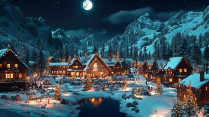 Winter wonderland village at night with snow-covered cabins and moonlit mountain backdrop. Merry Christmas. Happy New Year - Powered by Adobe