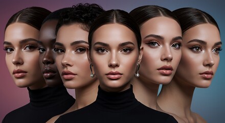 Fototapeta premium Diverse Women in Black Turtlenecks with Flawless Makeup on Pink and Blue Gradient Backdrop Studio Shot