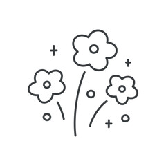 Cute floral illustration. Flower fireworks with stars and sparkles. Hand drawn monochrome illustration isolated on a white background. Vector 10 EPS.