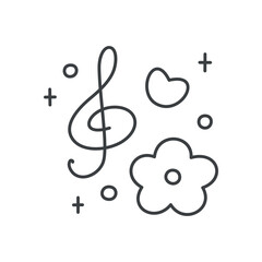 Cute floral illustration. Gentle design featuring treble clef, flower, heart and little sparkles. Hand drawn monochrome illustration isolated on a white background. Kawaii sticker. Vector 10 EPS.