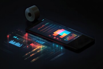 Futuristic mobile interface displays data visualizations and metrics overlaid with a roll of tape