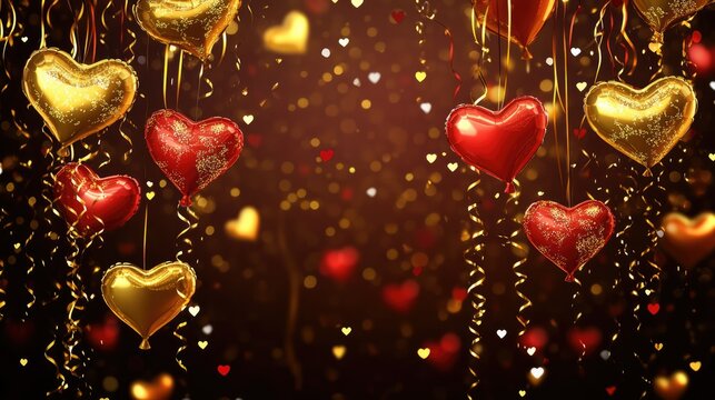 Romantic heart shaped balloons floating with golden confetti against a dark background for celebrations