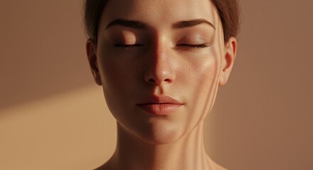 Serene Face with Freckles in Warm Sunlight Against Peach Backdrop Eyes Closed Showing Skin Texture for Beauty and Wellness Themes