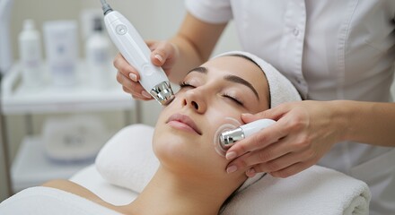 Naklejka premium Woman Receives Serene Facial Treatment in Spa Close Up of Hands with Device Skincare and Relaxation Focus Beauty Cosmetic and Wellness for Decoration