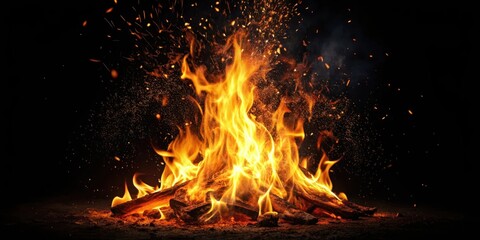 A fiery flame with sparks dancing on a dark black background, emitting a warm and cozy ambiance, blaze, intensity,  blaze, intensity