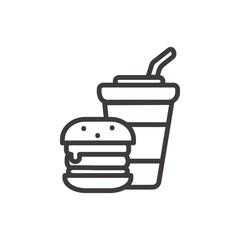 fast food and drink single icon on a white background with burger and cup of beverage like coke, juice, or e.t.