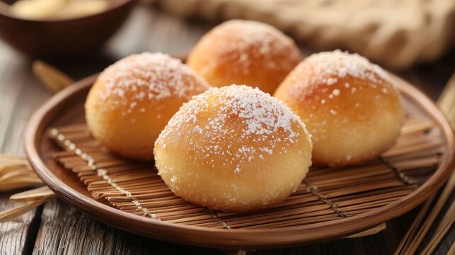 Buns with powdered sugar on wooden plate for bakery food photography scene setup composition fresh homemade soft tasty golden warm