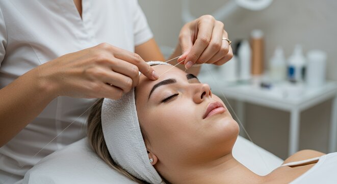 Woman Receives Eyebrow Threading Treatment From Technician in Spa Setting Close Up