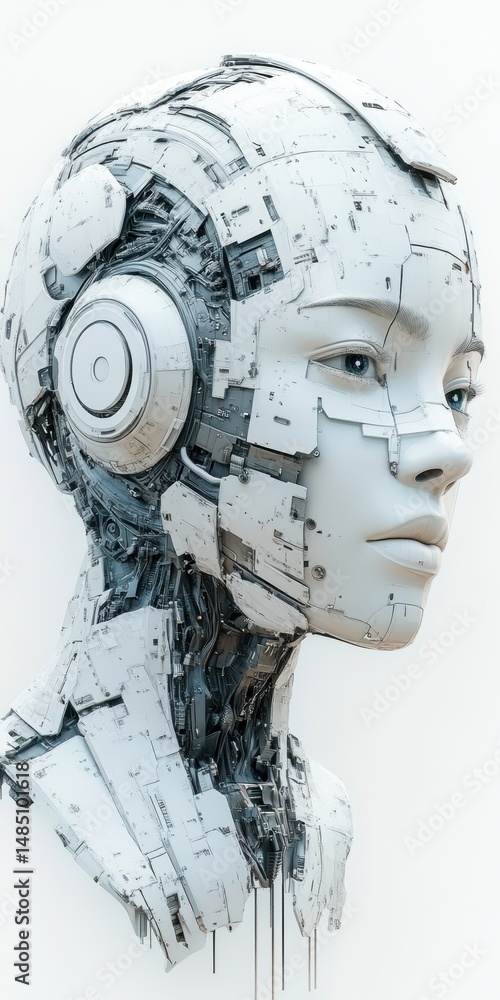 Poster artificial humanoid with complex mechanical structure and smooth facial features in close-up
