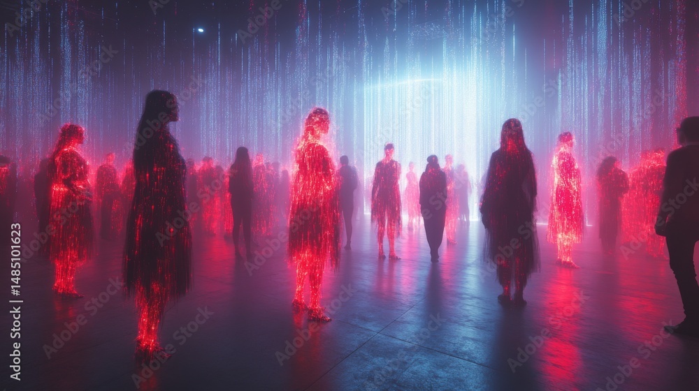 Poster Visitors navigate a virtual environment filled with glowing holographic avatars, highlighting themes of identity, technology, and the future of AI governance in a posthuman world.