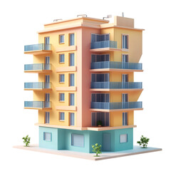 Vibrant, digitally rendered model of a multi-story apartment complex with pastel-colored facades.  It features various balconies and windows, depicted in a stylized manner.