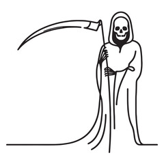 Simple Vector one line drawing of a skeleton in a robe holding a scythe, the grim reaper 