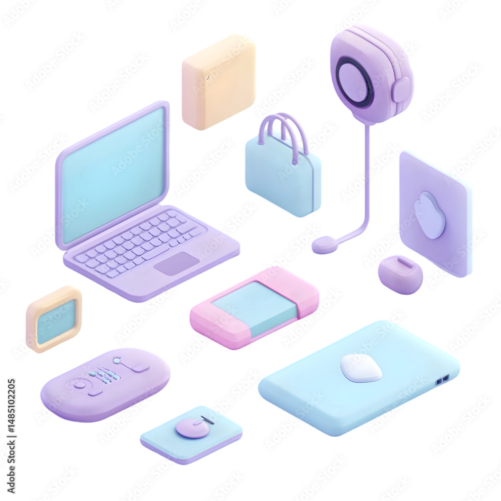 Poster vibrant digital illustration of various modern electronic devices presented in a pastel color scheme